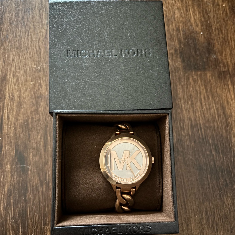 Michael Kors Rose Gold-tone MK Logo Chain Bracelet Watch